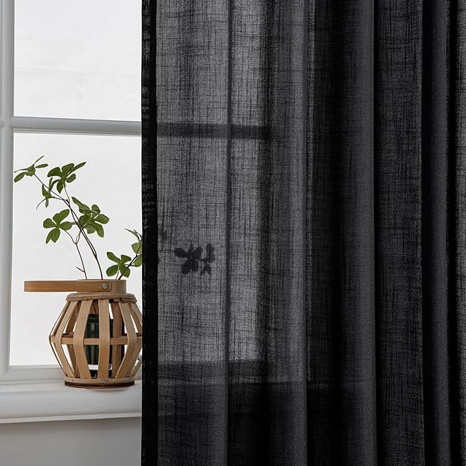 MIULEE Black Linen Curtains 84 Inch Length 2 Panels for Bedroom Living Room, Soft Thick Linen Textured Back Tab Window Drapes Semi Sheer Light Filtering Rod Pocket Modern Farmhouse Halloween Decor