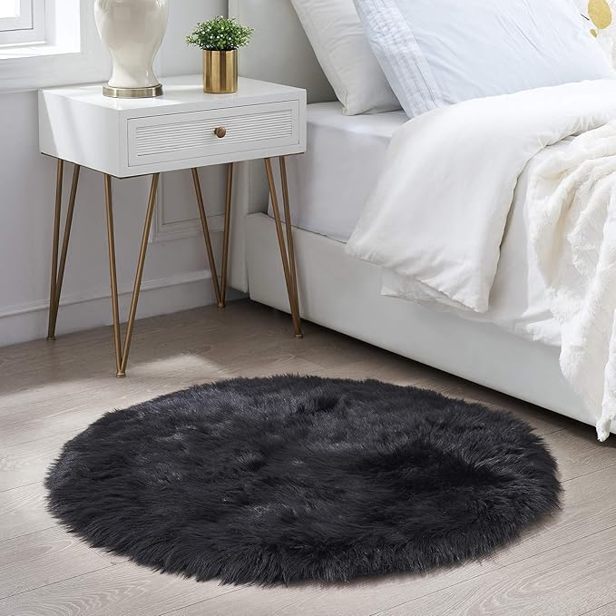 Ciicool Round Fur Fluffy Area Rug for BedroomRound Fur Fluffy Area Rug for Bedroom, Black Faux Fur Rugs Furry Circle Rug