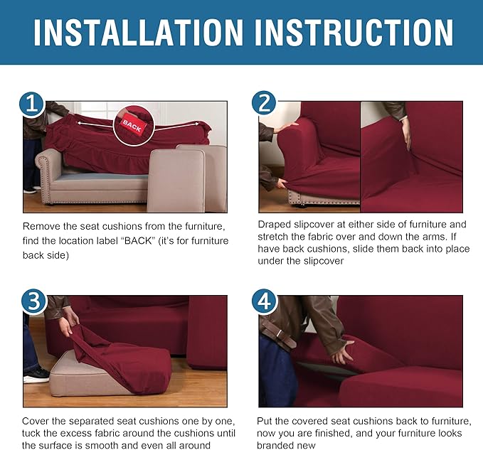 H.VERSAILTEX 4 Piece Stretch Sofa Covers for 3 Cushion Couch Covers for Living Room Furniture Slipcovers (Base Cover Plus 3 Seat Cushion Covers) Upgraded Thicker Jacquard Fabric (XL Sofa, Burgundy)