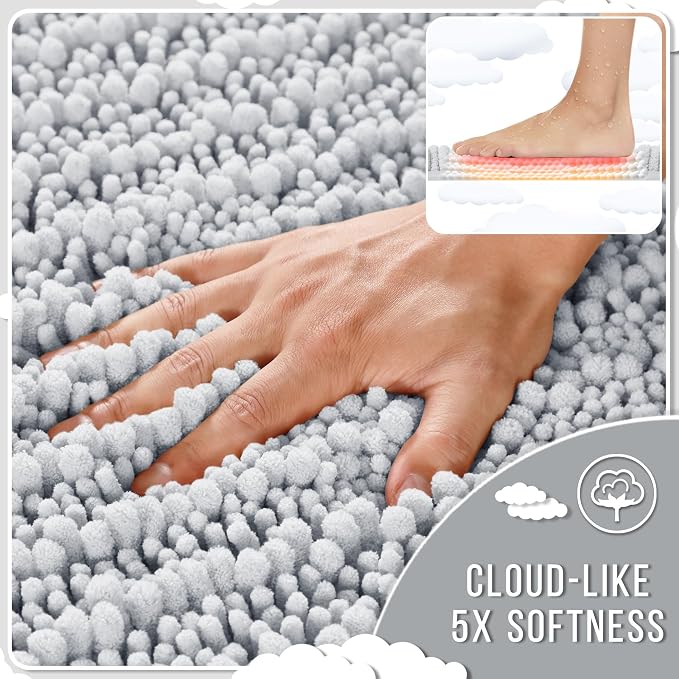 Bath Rug Set 2 Piece Chenille Quick Dry Non-Slip Silver