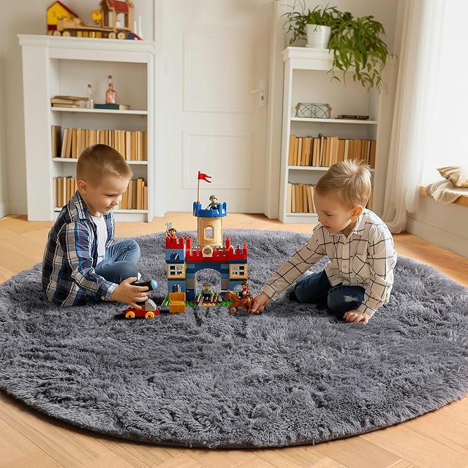 ONASAR Grey Round Area Rugs 5ft, Gray Soft Bedroom Circle Rug Floor Mats for Kids Girls Teen Room, Fluffy Plush Shaggy Carpet for Baby Nursery Living Room Playroom Home Decor Aesthetic