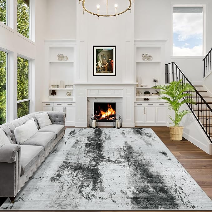 9x12 Area Rugs Washable Rug: Modern Abstract Living Room Rug Soft Anti-Skid Thin Carpet Indoor Floor Non-Shedding Carpets for Bedroom Dining Room Farmhouse Nursery Home Office Black White Grey