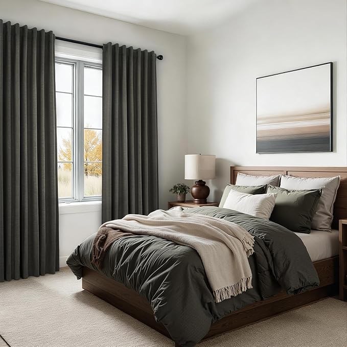 Topfinel 105 Inch Long Linen Blackout Curtains for Bedroom 2 Panels Set Modern Natural Linen Back Tab Pleated Floor to Ceiling Thermal Drapes Hooks Rings 105 in Window Drapes 100% Black Out Dark Gray