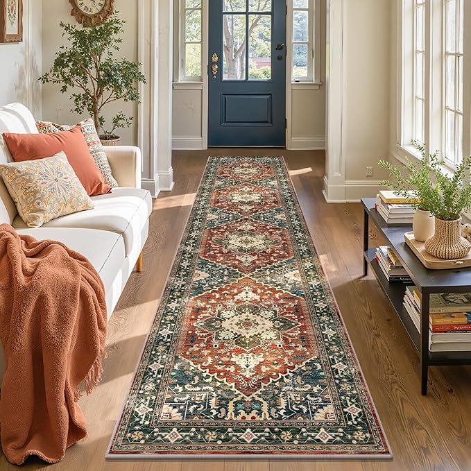 Yamaziot Washable Runner Rug, 2x10 Non-Slip Boho Vintage Hallway Rug Runner with Rubber Backing, Stain Resistant & Low Pile Faux Wool Distressed Carpet Runner for Kitchen, Laundry, Entrance