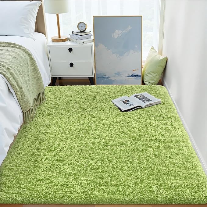 OLANLY 3x5 Machine Washable Small Bedside Rug, Soft Fluffy Shaggy Rugs for Living Room, Bedroom, Indoor Floor Carpet for Kids Girls and Boys, Preppy Dorms, Nursery, Home Decor Aesthetic, Grass Green