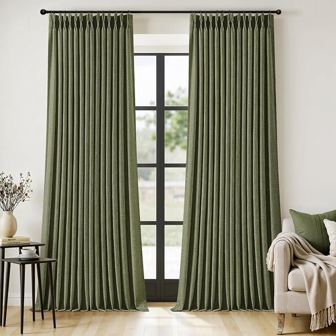 MIULEE Olive Green Pinch Pleated Thick Linen Curtains 102 Inches Long 2 Panels for Living Room Bedroom, Linen Texture Drapes Memory Trained Semi Sheer Moss Green Window Curtains with Hooks&Rings