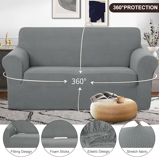 U-NICE HOME Oversized Stretch Loveseat Couch Cover Sofa Covers Washable Sofa Slipcover Furniture Protector for 2 Cushion Couch Sofa Pet Friendly, Grey