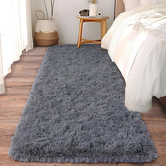 Ultra Soft Runner Rugs for Bedroom Hallways with Upgraded Non-Slip Rubber Backing & Thick Memory Sponge, 2x6 Feet Fluffy Shag Throw Area Rug for Bedside Dorm Dark Grey