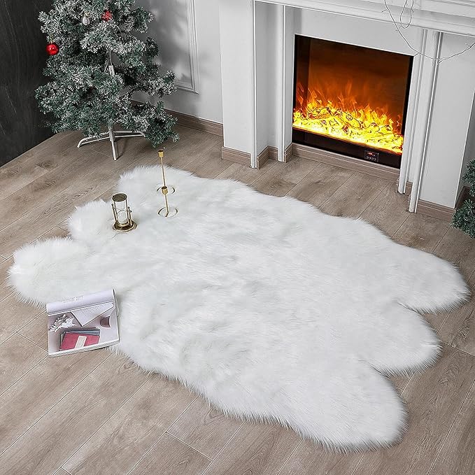 linmopm Faux Fur Rug Sheepskin Shag Fluffy Fuzzy White 4x6 ft Rugs for Bedroom Bedside Bed Floor Living Room Plush High-Density Cushion Carpet Super Sofa Cover