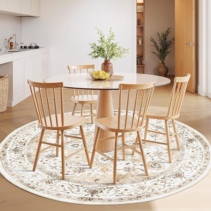 AMADA HOMEFURNISHING Round 5ft Area Rugs, Low-Profile Washable Rug with Non-Slip Backing & Durable Edge Binding, Vintage Rugs for Living Room, Bedroom, Dinning Room