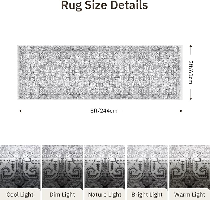 Washable 2x8 Runner Rug - Non Slip Vintage Kitchen Runner Rugs Low-Pile Distressed Long Rugs for Hallway Waterproof Indoor Carpet for Living Room Bedroom Entryway 2'x8' Grey