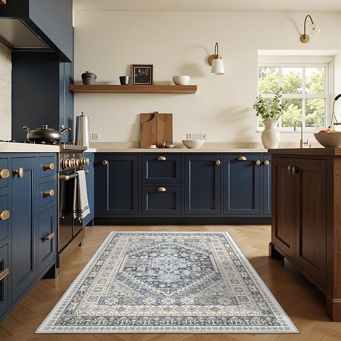 4x6 Area Rugs for Living Room, Non-Slip Backing Small Kids Rugs for Bedroom, Vintage Floral Rug Home Decor, Low Pile Soft Washable Rug for Kitchen, Dining Room (Blue/Beige,4'x6')