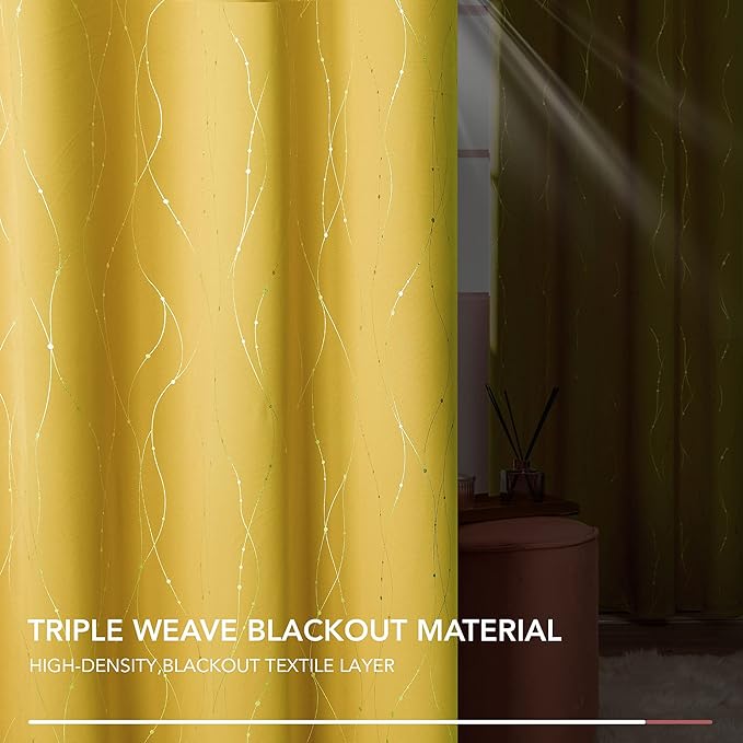Deconovo Blackout Curtains 108 Inches Long, Yellow Drapes with Wave Dots Foil Print, Thermal Insulated Soundoroof Curtain for Living Room Bedroom, 52 x 108 Inch, Machine Washable Panels, Set of 2