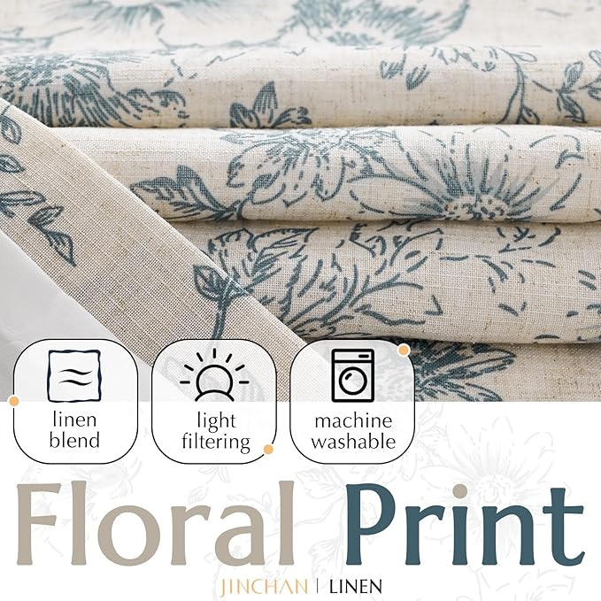 jinchan Lined Linen Blend Curtain Floral Curtains for Living Room 108 Inches Long Blue Peony Flower Printed Curtain Rod Pocket Back Tab Farmhouse Patterned Drapes Bedroom Window Curtains Set 2 Panels