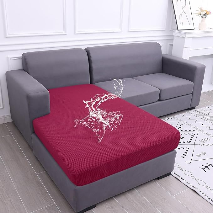 hyha Waterproof Sectional Couch Covers, Non Slip Sofa Couch Cushion Covers L Shape, Thick Stretch Jacquard Fabric, Washable Sofa Slipcovers with Elastic Bottom (1 Piece for Chaise, Wine Red)