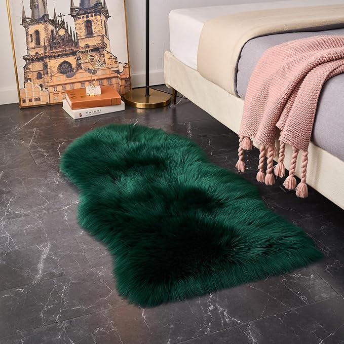 EasyJoy Ultra Soft Fluffy Shaggy Area Rug Faux Fur Rug Chair Cover Seat Pad Fuzzy Area Rug for Bedroom Floor Sofa Living Room (2 x 4 ft Sheepskin, Dark Green)