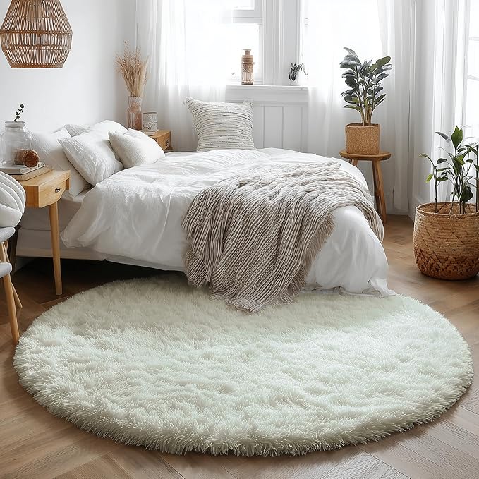 Amdrebio Ivory White Round Circle Rug 6Ft for Kids Bedroom Aesthetic, Big Shag Fluffy Fuzzy Boho Area Rugs for Living Room, Circular Plush Soft Shaggy Cream Carpet for Baby Nursery Teen Girls Boys