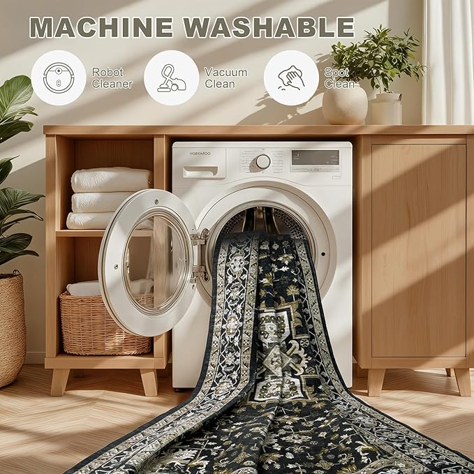 Area Rugs 9x12 Living Room Rug: Washable Rug Soft Vintage Boho Medallion Carpet Indoor Non-Slip Stain Resistant Large Carpets for Bedroom Dining Room Farmhouse Nursery Home Office Black Gold