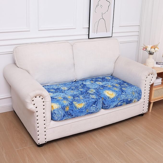 hyha Printed Couch Cushion Covers, Floral Sofa Covers Washable for 2 Cushion Couch, Stretch Pattern Outdoor Cushion Covers for Patio Furniture with Elastic Bottom(2 Packs, Starry Sky)