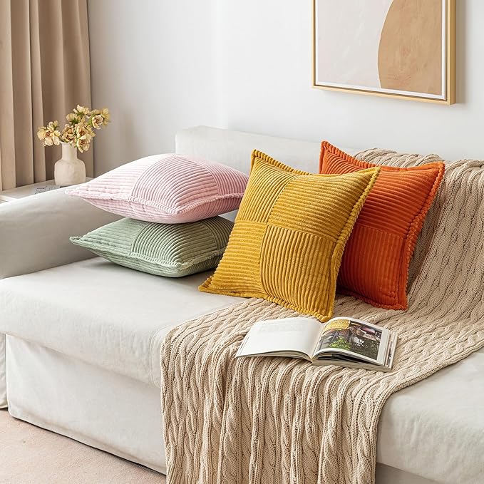 MIULEE Spring Decorative Throw Pillow Covers for Couch Bed Livingroom 16x16 Inch Set of 2 Pink Boho Accent Throw Pllows Broadside Striped Patchwork Soft Corduroy Pillowcases Valentine Decor