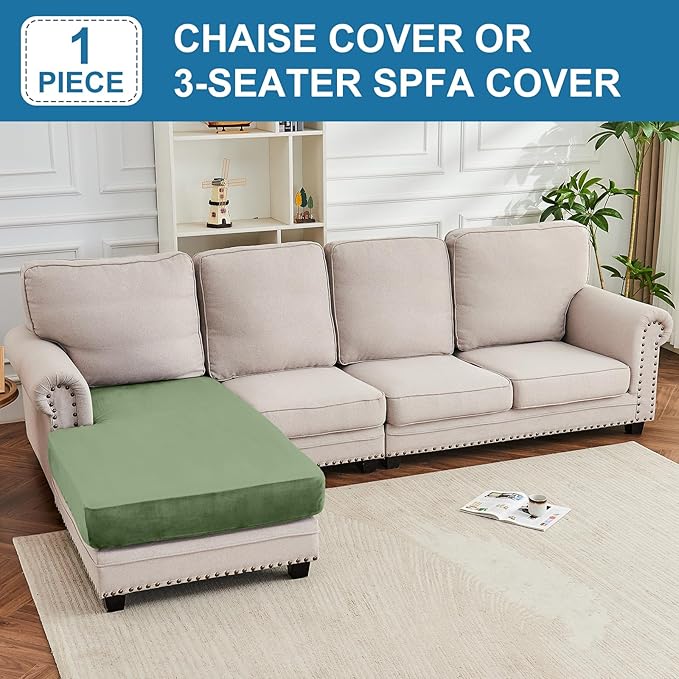 Couch Cover Velvet Chaise Cushion Cover for Sectional Sofas - Elastic L-Shaped Sofa Seat Covers Washable, Slipcover Protector (1-Piece, Avocado Green)