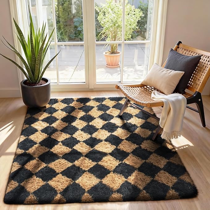 Ophanie Checkered Black & Beige Rhombus Rugs for Living Room Bedroom, Fluffy Soft Cute Fuzzy Area Rug, Plush Shaggy Bedside Floor 4x6 Furry Carpet for Kids Baby Teen Dorm Nursery Home Decor Aesthetic
