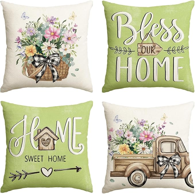 AVOIN colorlife Bless Our Home Eucalyptus Leaves Throw Pillow Covers, 18 x 18 Inch Spring Truck Cushion Case for Home Sofa Couch Set of 4