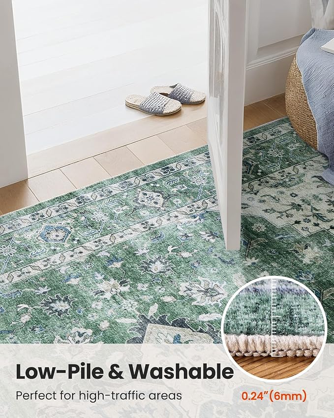 AMADA HOMEFURNISHING Round 6ft Area Rugs, Blue Low-Profile Washable Rug with Non-Slip Backing & Durable Edge Binding, Vintage Rugs for Living Room, Bedroom, Dinning Room