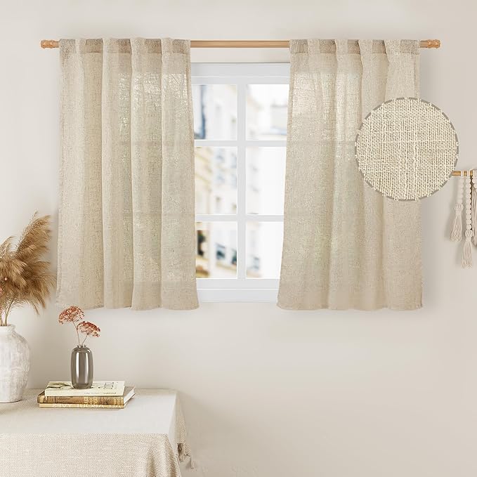 LAMIT Linen Curtains 40 Inch Length 2 Panels, Semi Sheer Light Filtering Panels Back Tab and Rod Pocket Neutral Drapes for Basement/Window/Loft Room, 34 x 40 Inch