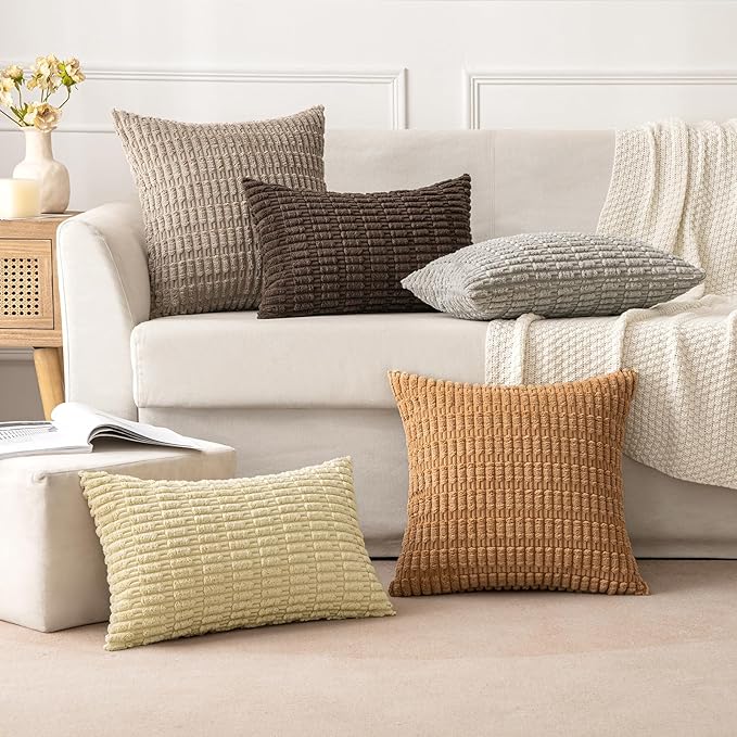 MIULEE Pack of 2 Corduroy Decorative Lumbar Throw Pillow Covers 20x12 Inch Soft Boho Striped Pillow Covers Modern Farmhouse Home Decor for Sofa Living Room Couch Bed Brown
