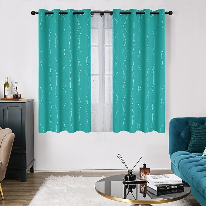 Deconovo Blackout Curtains, Thermal Insulated Soundproof Grommet Drapes, Wave Dots Silver Print, 52 x 54 Inch, Set of 2, Machine Washable Panels for Kitchen Bedroom Living Room Nursery, Turquoise