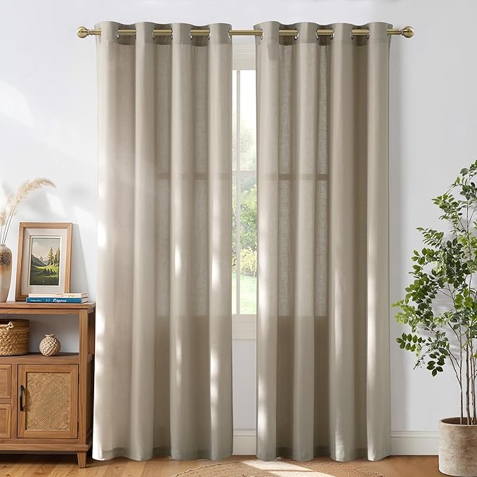 NICETOWN Cocoa Cream Linen Curtains for Kitchen, Thick Flax Small Window Treatments Semi Sheer Privacy Assured with Light Through for Cafe/Bathroom, W55 x L84, 2 Panels