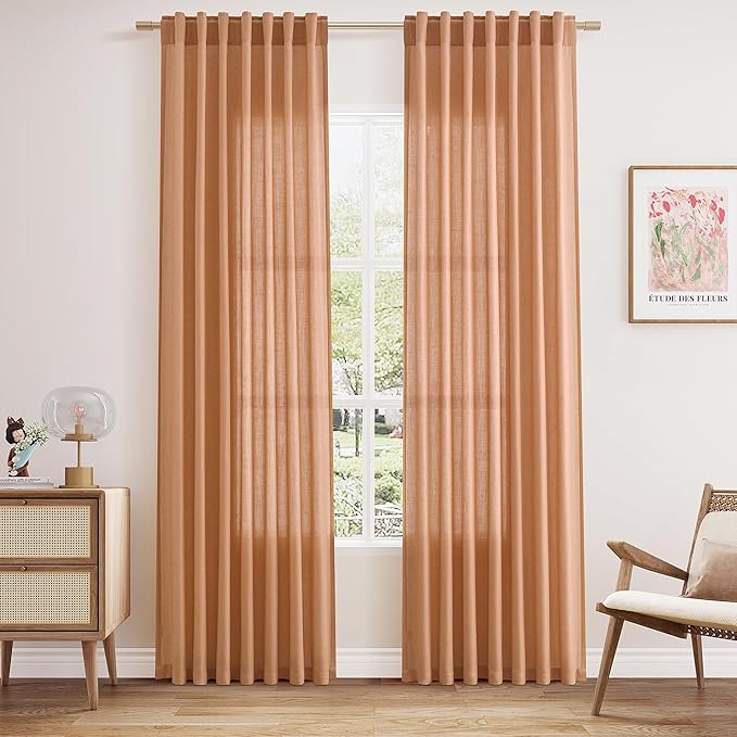 Nanspring Peach Quartz Curtains 84 Inch Long 2 Panels Set Back Tab Rod Pocket Linen Blend Light Filtering Semi Sheer Boho Style Curtain Textured Curtain for Cozy Bedroom and Living Room Decor 52x84