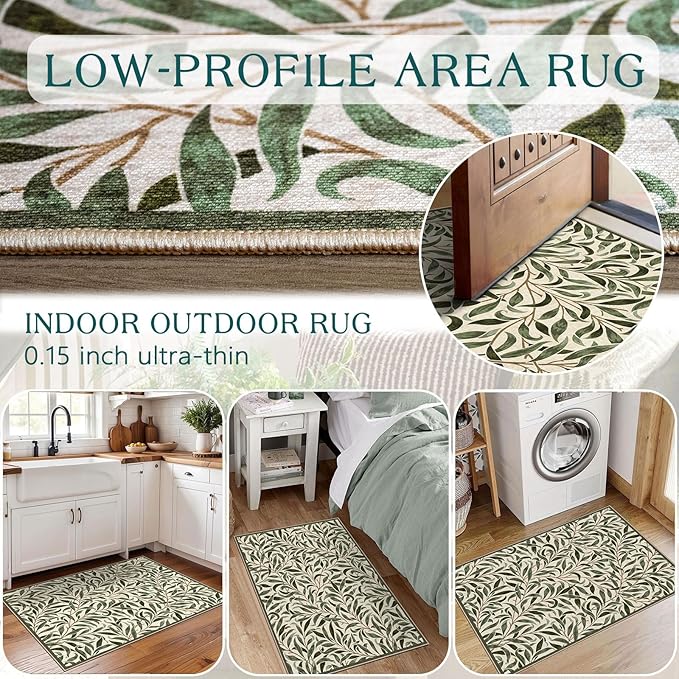 Front Door Mat Outside Entrance - 2x3 Boho Non-Slip Washable Spring Doormat Indoor Outdoor Entrance Sage Olive Green Leaf Rug Small Throw Rugs for Entryway Bedroom Kitchen Front Porch Decor