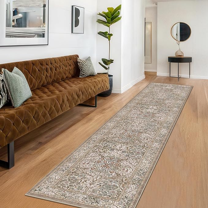 Hazo Haus Non Slip 2x10 Moss Green Hallway Runner - 10ft Long Runner Rugs, Washable Kitchen Floor Mat - Vintage Brown Taupe Neutral Floral Design Décor