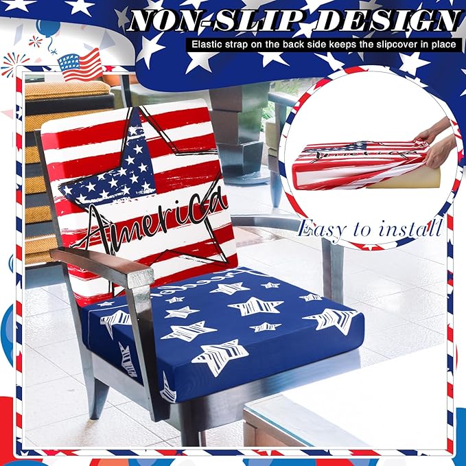 Newwiee 8Pcs Patio Cushion Covers Stretch Outdoor Cushion Cover Replacement for Patio Furniture Sofa Couch Slipcovers, Soft Flexibility Washable Furniture Protector(Independence Day,Classic Color)