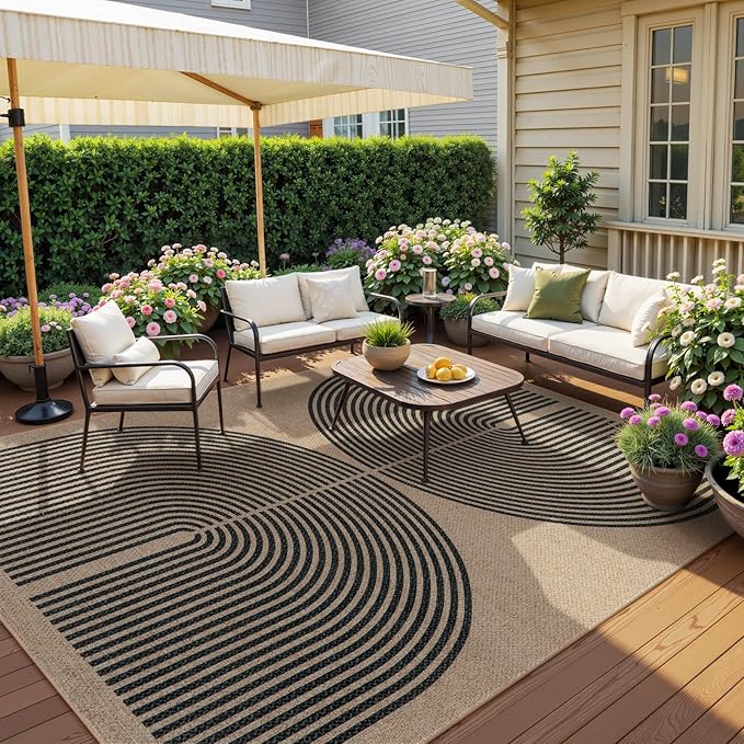 Lahome Enfys Modern Rainbow Easy Jute 9x12 Rug, Large Outdoor Patio Rug Farmhouse Indoor Outdoor Living Room Carpet, Contemporary Non Slip Non Shedding Nature Carpet for Dining Room Basement Backyard