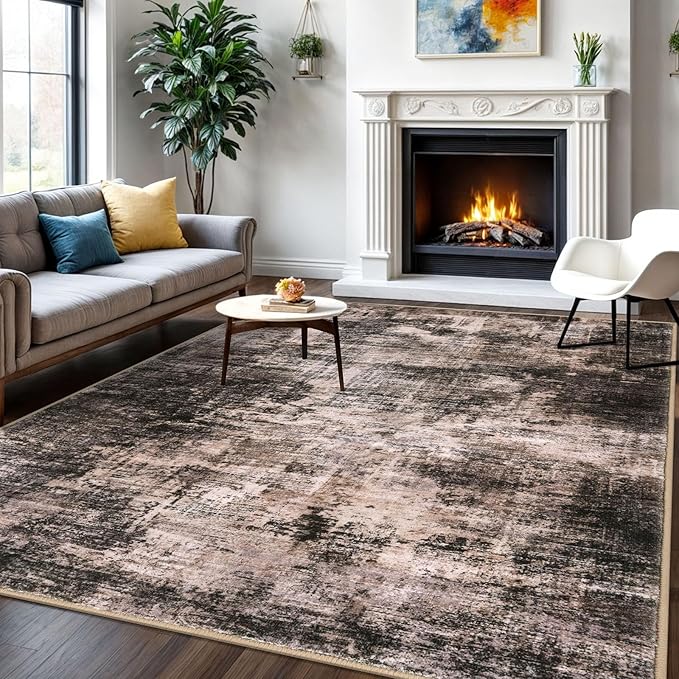 IOHOUZE Abstract Area Rugs 6x9 Ft Washable Rugs for Living Room, Non Slip Dining Room Rug, Printed Faux Wool Rugs for Bedroom, Floor Carpet for Office Nursery Playroom, Brown/Rust