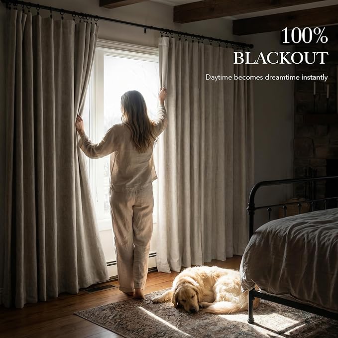 RYB HOME Warm Sand 100% Blackout Curtains for Bedroom, Linen Drapes Back Tab&Rod Pocket, Thermal Insulated Privacy Assurd Curtains for Sliding Glass Doors/Dining/Living Room, W52 x L108, 2 Panels