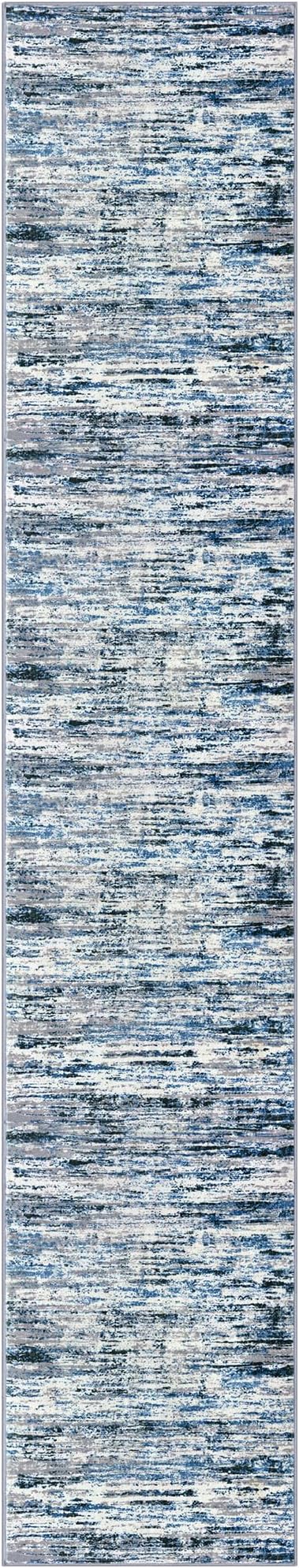Lansny Modern Abstract Runner Rug 2.6x14, Grey Blue White Washable Long Kitchen Runner Non-Slip Soft Hallway Rug Runner Thin Print Faux Wool Carpet for Entryway Bedroom Laundry Room Indoor Home Decor