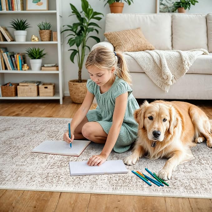 3x12 Washable Hallway Runner Rug - Non Slip Kitchen Runner Rugs with Rubber Backing Vintage Low-Pile Carpet Runners for Entryway Dining Room Laundry Room Home Decor (Cream/Camel)