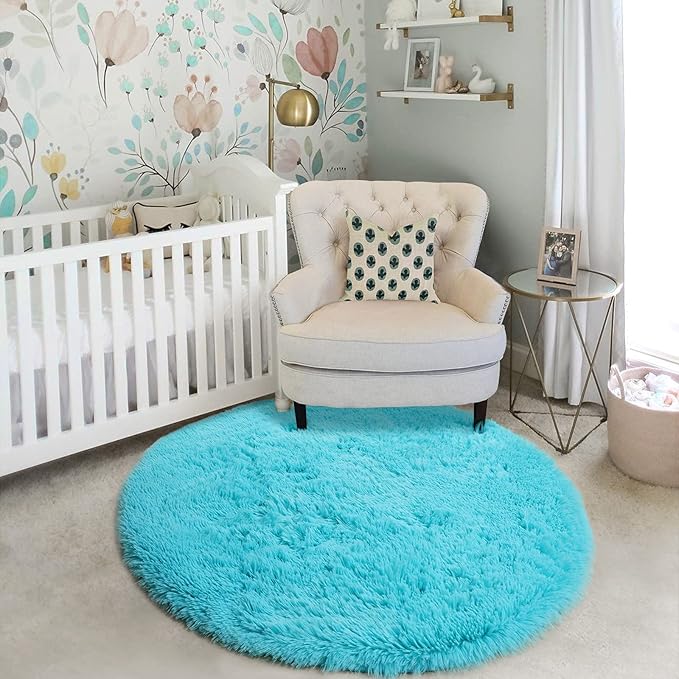 Amdrebio Blue Soft Round Rugs 4Ft for Kids Bedroom, Fluffy Circle Area Rugs for Teen Girls Boys, Cute Play Room Decor Aesthetic, Plush Shaggy Fuzzy Carpet for Nursery Classroom Preppy Dorm Playroom