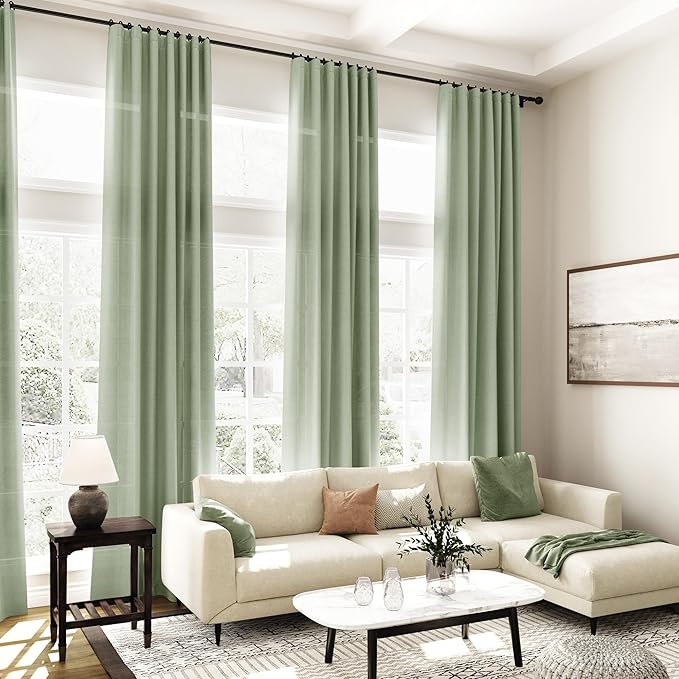 Sheer Light Sage Linen Curtains 102 Inches Long Rod Pocket Back Tab Drapes 2 Panels Set for Living Room Light Filtering Semi Sheer Pale Green Curtain 102 Length for Patio Sliding Glass Door 52x102