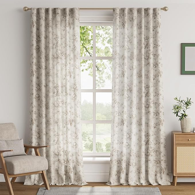 jinchan Linen Floral Curtains for Living Room 96 Inch Length Taupe Printed Flower French Country Curtain Farmhouse Cottage Core Toile Curtains Back Tab Light Filtering Window Drapes Set 2 Panels