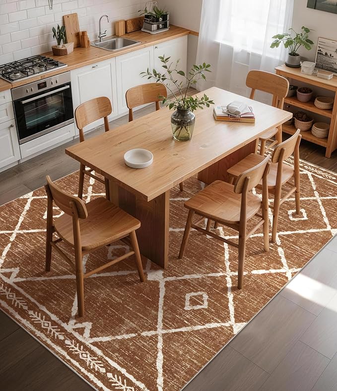 YIHOUSE Western Rugs for Living Room, 8x10 Moroccan Area Rug, Aztec Burnt Orange Large Rug, Southwestern Soft Low-Pile Washable Rugs for Bedroom, Dining Room