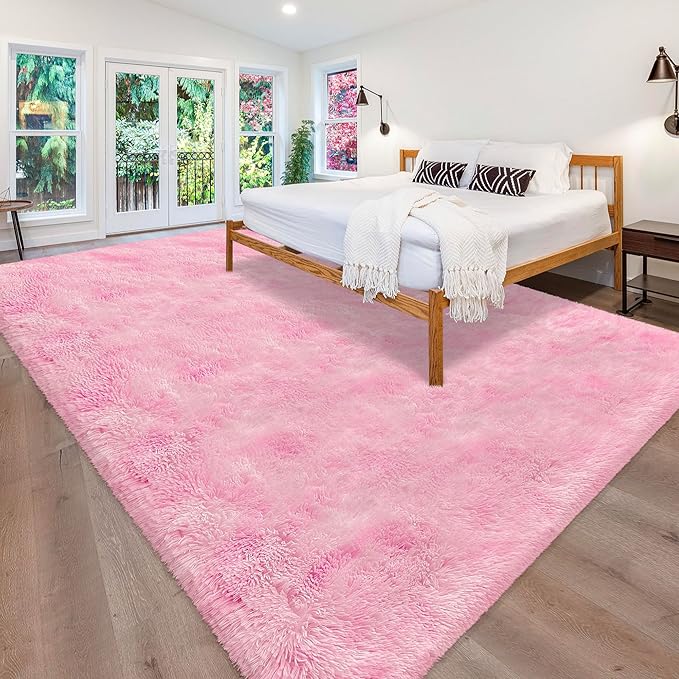 Tie-Dye Pink Upgraded Anti-Slip Fluffy Shag Rug for Living Room 8x10ft Fluffy Area Rug Mat Bedside Throw Rug for Bedroom Kids Room Boys Teens Nursery Baby Dorm Office Decor Aesthetic Carpets