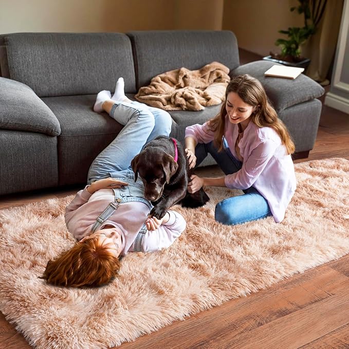 Pionblank Fluffy Runner Rugs for Bedroom 2x6, Modern Shaggy Area Rug for Hallway Living Room, Plush Soft Fuzzy Bedside Carpet for Kids Girls Boys Room Nursery, Tie-Dyed Beige