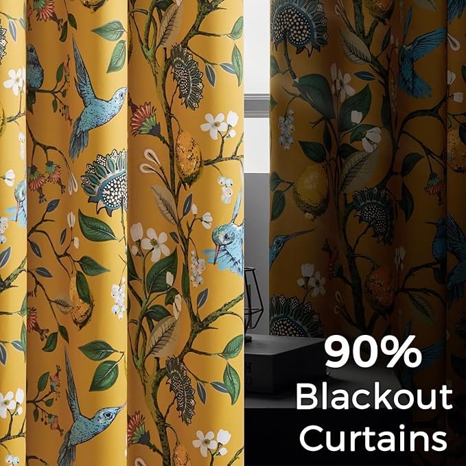 Topfinel Mustard Yellow Vintage Curtains & Drapes 84 Inches Long, Grommet Luxury Whimsical Floral Lemon Hummingbird Patterned Waverly Mid Century Colorful Blackout Drapes for Living Room Bedroom