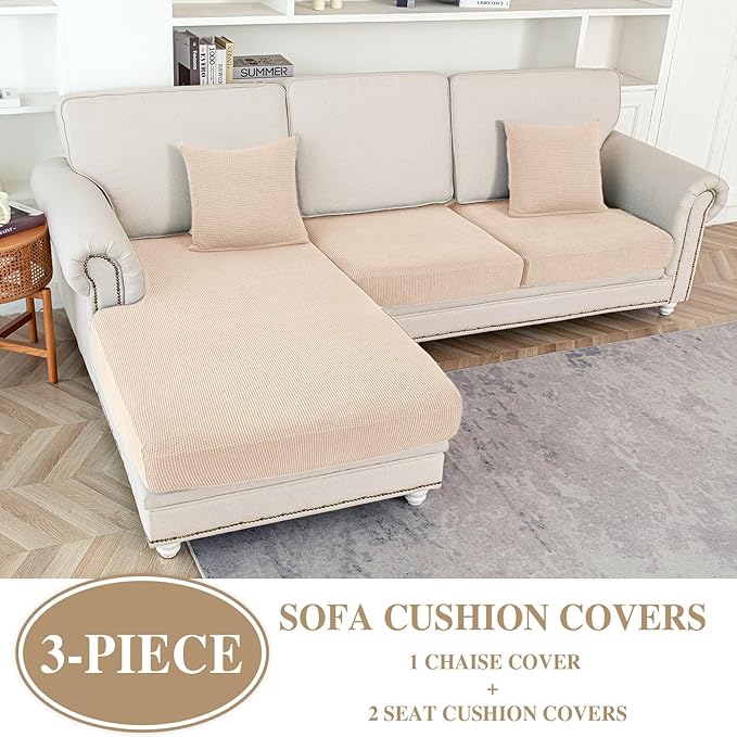 Couch Cushion Covers for Sectional Sofa L Shape Washable Separate Seat Chaise Couch Cover Stretch Sofa Slipcovers with 2 Pcs Pillowcases(2 Seater + 1 Chaise, Natural)