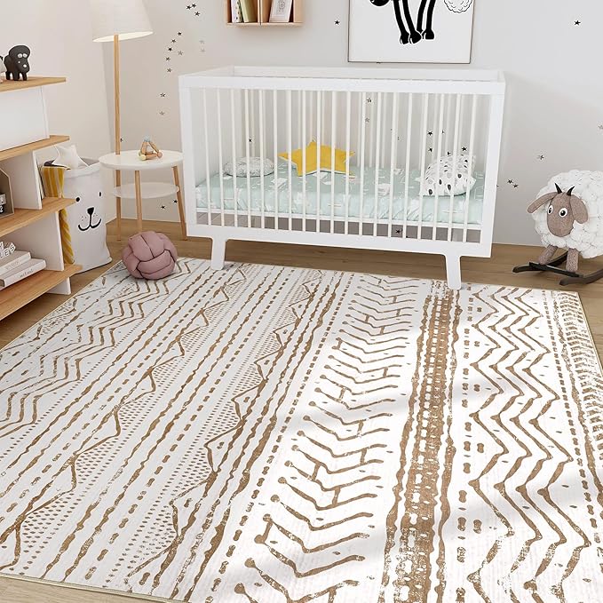 Nakagishi 7x9 Area Rugs Living Room: Washable Boho Large Neutral Soft Farmhouse Rug Stain Resistant Modern Indoor Floor Non-Slip Carpet for Bedroom Nursery Playroom Office Dining Dorm- White Brown